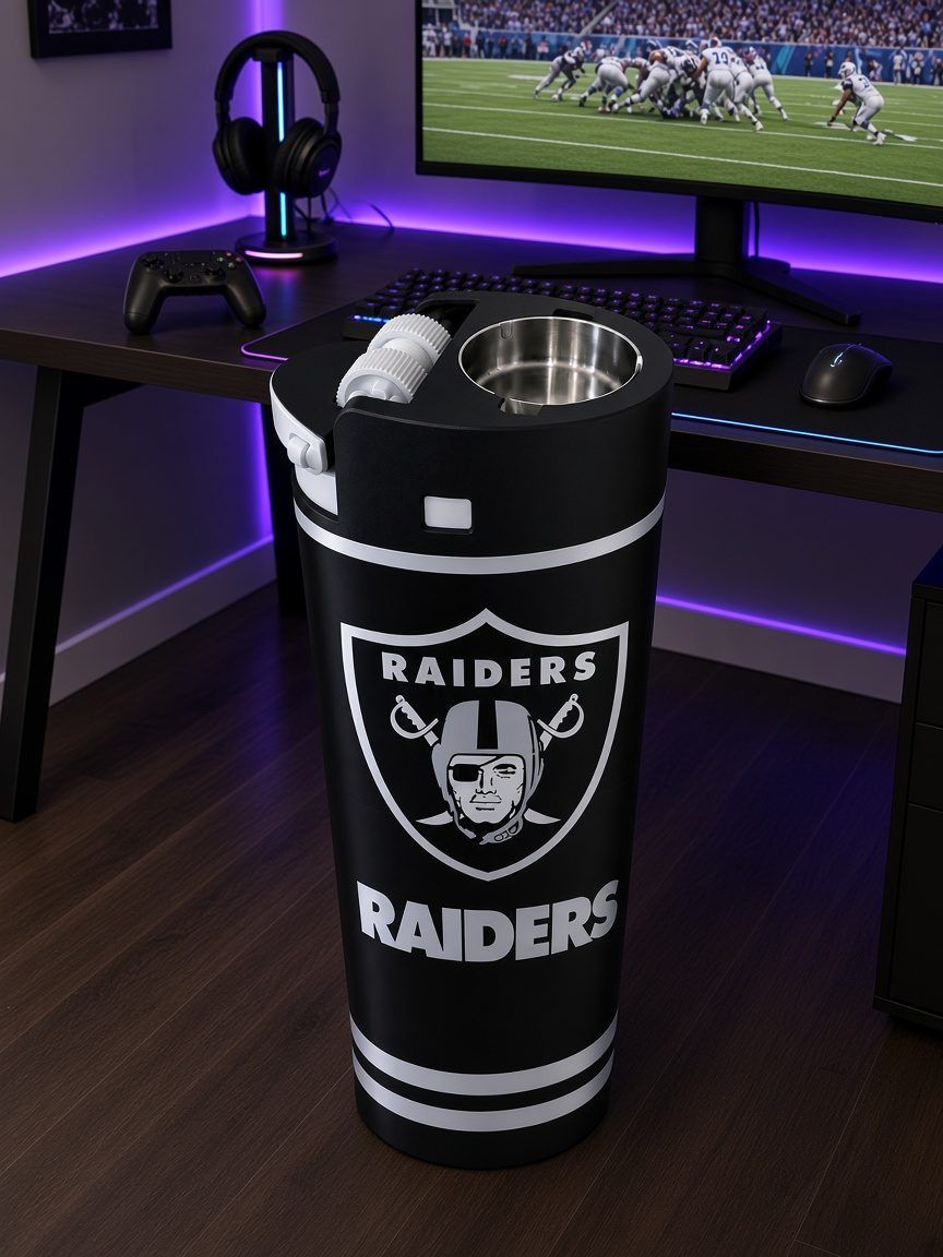 Raiders drink and ashtray stand next to a gaming desk